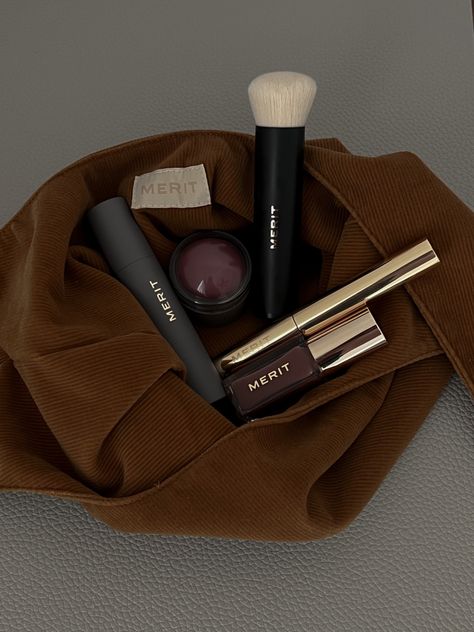 Merit Beauty Bag, Merit Beauty Aesthetic, Merit Makeup Bag, Aesthetic Vanities, Gifted Aesthetic, Merit Aesthetic, Merit Makeup, Product Aesthetic, Merit Beauty