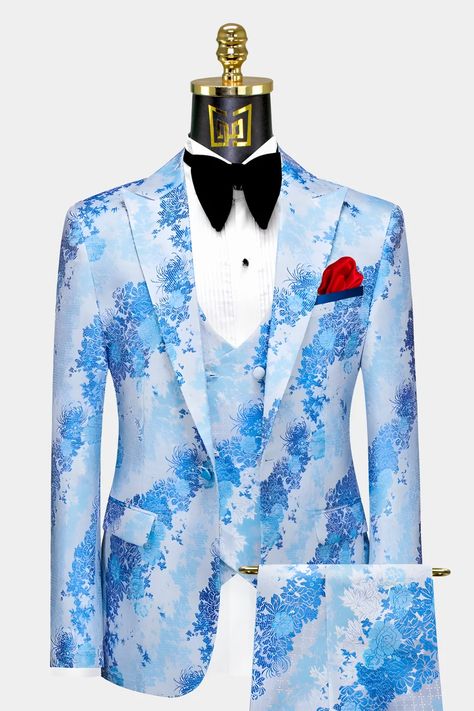 3 Piece Suits & Vested Tuxedos | Gentleman's Guru Light Blue Suit Wedding, Latest Suit Styles, Male Suits, Tuxedo Prom, Tuxedo Colors, Floral Suit, Light Blue Suit, Green Tuxedo, Prom Tuxedo