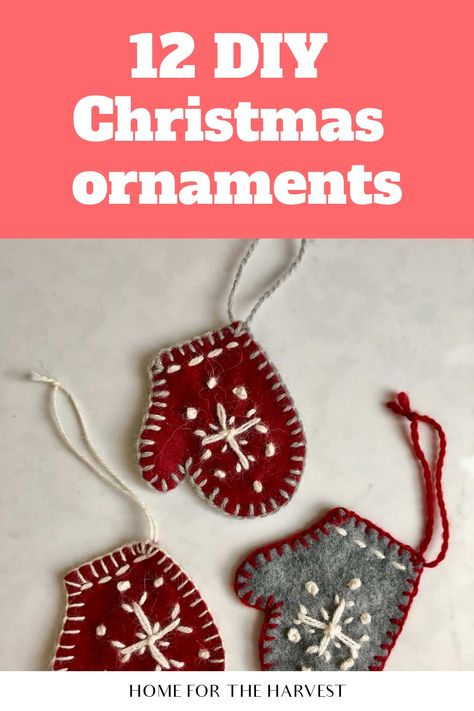 Felt Ball Crafts Diy Projects, Felt Mitten Ornaments Diy, Small Ornaments Diy, Wool Ornaments Christmas, Paper Craft Christmas Ornaments, Christmas Felt Crafts Free Pattern, Holiday Ornaments Diy Handmade Christmas, Wool Christmas Ornaments Diy, Christmas Fabric Ornaments Diy