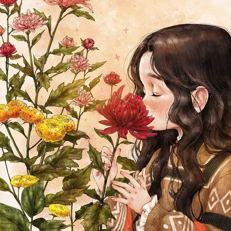 Life Illustration Aeppol Smelling Flowers, Forest Girl, Illustration Art Girl, Korean Artist, 판타지 아트, Art And Illustration, Dreamy Art, Girls Cartoon Art, Drawing Artwork