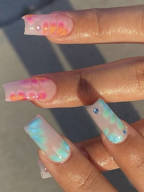 Gel Acrylic Nails Square, Pink Orange And Green Nails, Summer Gel X Nails Square, Tropical Nails Square, Pink And Blue Nail Art, Square Vacation Nails, Summer Blooming Gel Nails, Square Blooming Gel Nails, Acrylic Nails With Hawaiian Flower