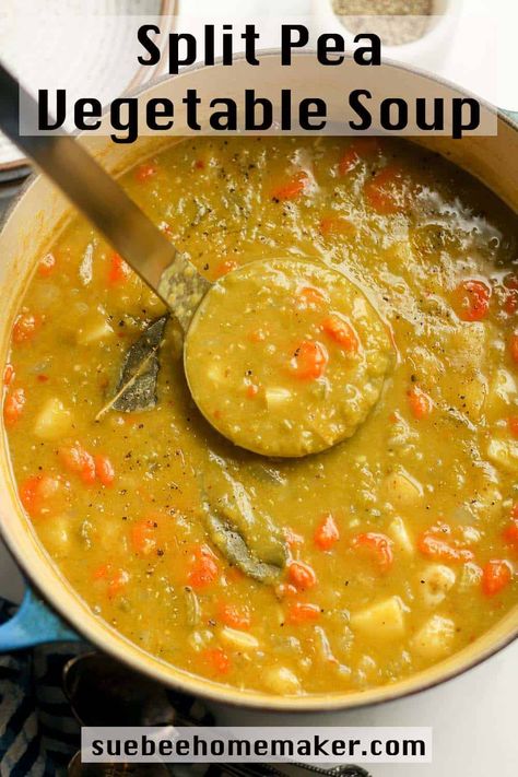 Use dried split peas, garlic, onion, carrots, celery, and yellow potatoes for a pot full of healthy benefits PLUS an amazing tasty Split Pea Vegetable Soup! Split Pea And Carrot Soup, Green Peas Soup Recipe, Carrot Celery Onion Potato Recipes, Split Pea Vegetable Soup, Yellow Split Pea Soup Crockpot, Veggie Split Pea Soup, Lentil And Pea Soup, Healthy Pea Soup, Vegetarian Pea Soup