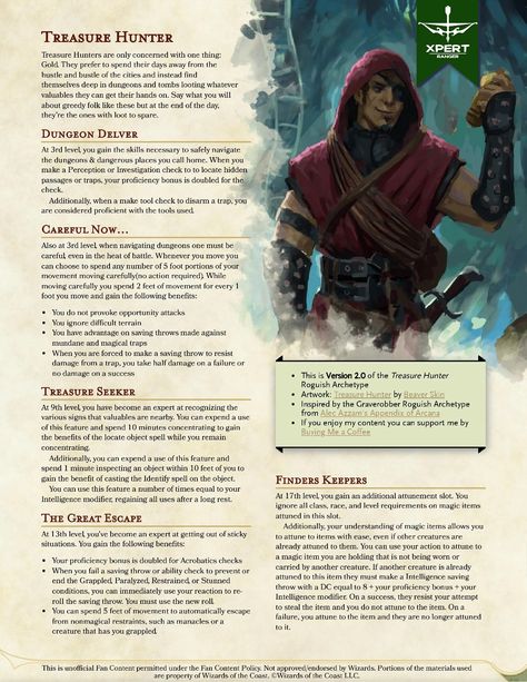 (Rogue) Treasure Hunter Roguish Archetype, Dnd Treasure, Rogue Archetypes, Unearthed Arcana, Dnd Rogue, Dnd Subclasses, D D Rogue, Rogue Dnd, Hidden Passage