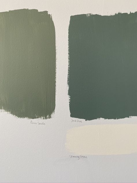 Left Green Smoke by Farrow and Ball. Right Jack Pine by Benjamin Moore Smoked Green Farrow And Ball, Pine Green Room, Benjamin Moore Jack Pine, Jack Pine Benjamin Moore, Cardroom Green Farrow Ball, Farrow And Ball Green, Green Hallway Ideas, Benjamin Moore Green, Farrow And Ball Living Room