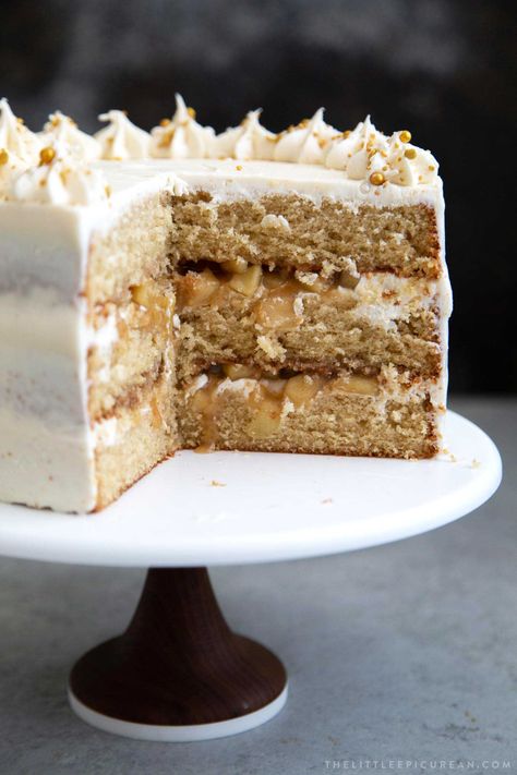 Apple Cider Layer Cake - The Little Epicurean Pecan Pie Cake Recipe, Fruity Cakes, Caramel Crumble, Crumble Cake Recipe, Pecan Pie Cake, Apple Cakes, Creamy Frosting, Apple Caramel, White Chocolate Buttercream