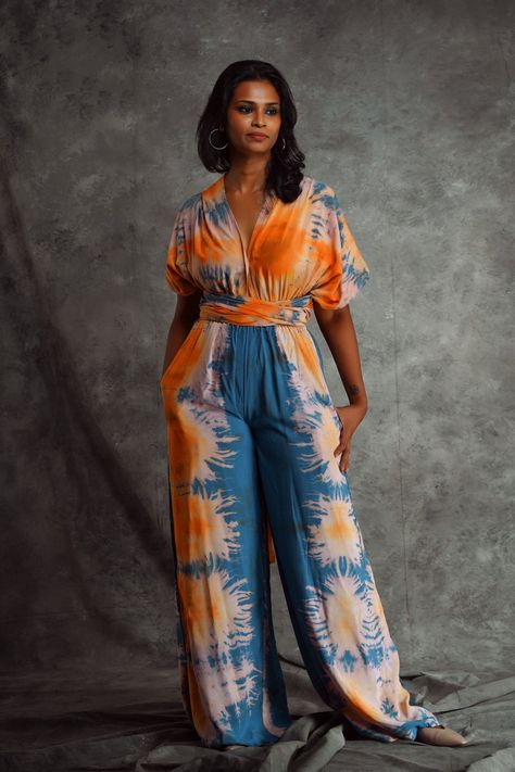 Tie Dye African Outfits, Adire Silk Two Piece, Multicolor V-neck Jumpsuit For Vacation, Beautiful Jumpsuits, Spring Sleeveless Tie-dye Jumpsuits And Rompers, Tie Dye Jumpsuit, Boho Romper, Batik Design, African Wear Dresses