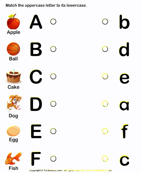 Match upper case and lower case letters - TurtleDiary.com Lower Letter Worksheet, Letters Worksheets Preschool, Letter Matching Worksheet, Letter Worksheets For Preschool, Kindergarten Phonics Worksheets, Alphabet Worksheets Kindergarten, English Activities For Kids, Preschool Math Worksheets, Kids Worksheets Preschool