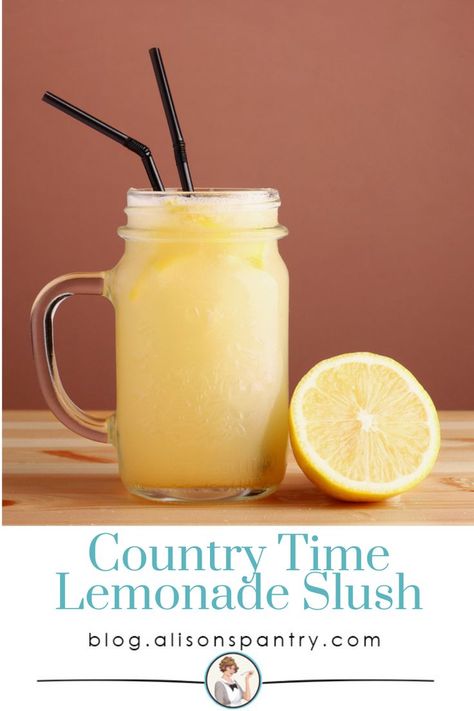 Homemade Lemonade Slushie, Country Time Lemonade Recipe, Alcoholic Slush Recipes, Lemonade Slushie Recipe, Alcoholic Slush, Creamy Lemonade, Homemade Slushies, Lemonade Slush, Country Time Lemonade