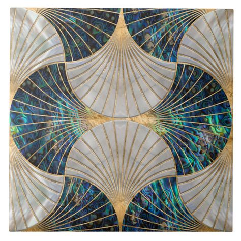 Seashell Art Deco - Abalone Shell and Pearl Ceramic Tile  Zazzle Art Deco Tiles, Art Deco Abstract, Deco Bathroom, Raku Pottery, Gold Ceramic, Paper Coaster, Seashell Art, Salou, Floral Wall Decor