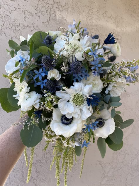 Lovely blue and white spring bridal bouquet. Navy White Bouquet, Navy And Light Blue Bouquet, White And Blue Flowers Bouquet, Real Blue Wedding Flowers, White And Navy Blue Bouquet, Blue Black And White Bouquet, Dark Blue And White Flowers, White And Navy Bridal Bouquet, Dark Blue Hydrangea Bouquet