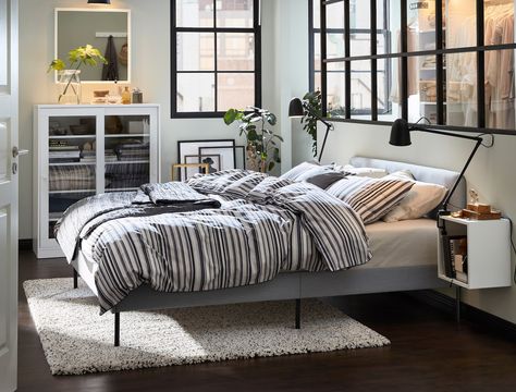 Slattum Bed, Ikea Slattum, Urban Chic Bedrooms, Ikea Inspiration, Affordable Bedroom, Ikea Bedroom, Upholstered Bed Frame, Bedroom Layouts, Chic Bedroom