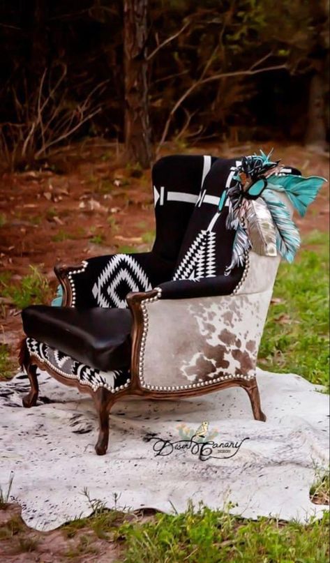 Upholstery Sofa Ideas, Cowhide Accent Chair, Western Chair Makeover, Ranch Glam Decor, Western Office Decor Ideas, Western Furniture Ranch Style, Western Home Office, Southwestern Chairs, Cowhide Chairs