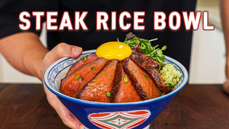 Steak Rice Bowl Steak Rice Bowl, Eggplant Side Dishes, Japanese Potato Salad, Steak Rice, Korean Glass Noodles, Japanese Potato, Beef Fried Rice, Japanese Steak, Steak And Rice