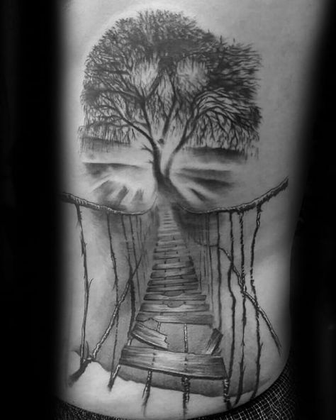 Rib Cage Side Mens Rope Bridge Tree Tattoos Road Less Traveled Tattoo, Staircase Tattoo Design, Bridge Tattoo Ideas, Climber Tattoo, Stairway Tattoo, Side Tattoos For Men, Gizmo Tattoo, Staircase Tattoo, Mens Side Tattoos