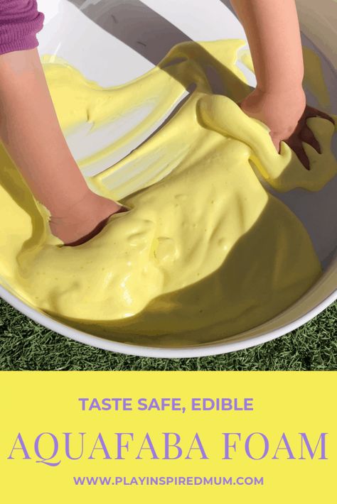 Taste Safe Sensory Aquafaba Foam - Toddler Messy Play, Taste Safe Sensory Play, Taste Safe Sensory, Activity For Babies, Play Foam, Messy Play Activities, Sensory Play Toddlers, Toddler Sensory Bins, Art Preschool