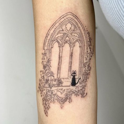 Keats Tattoo, Vintage Window Tattoo, Fairy Tale Tattoo Ideas, 2023 Tatoos, Shakespeare Tattoo Ideas, Stain Glass Tattoo, Studio Ghibli Jiji, Victorian Gothic Tattoo Ideas, Victorian Tattoo Ideas