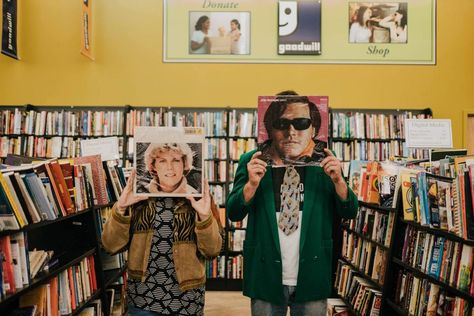 It's vintage love at this quirky thrift shop engagement shoot Vintage Store Photoshoot, Thrift Store Photoshoot, Record Store Shoot, Record Store Engagement Photoshoot, Photoshoot In Record Store, Record Store Date Aesthetic, Record Store Photoshoot, Store Photoshoot, Photo Composition