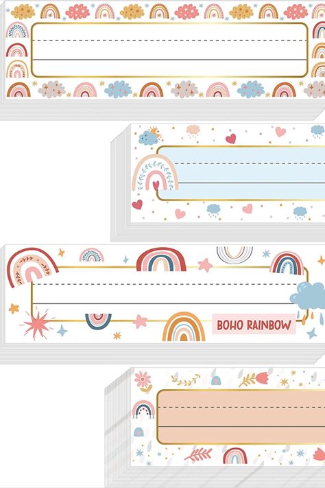 #paidlink 48 Pcs Boho Rainbow Name Plates Manuscript Self Adhesive Name Tag Name Labels for School Classroom Students Desks Teaching Supplies, 3.5 x 11.8 Inch Name Plate For School, Name Labels For School, Boho Classroom, Creative Book Covers, Rainbow Names, Tag Name, Teaching Supplies, Student Desks, Name Plates