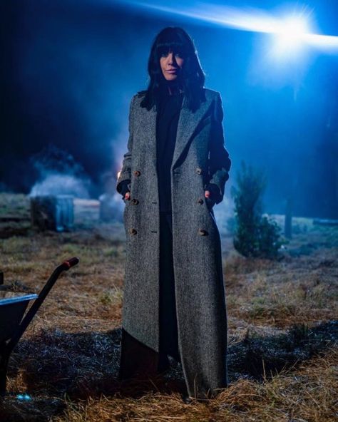 Claudia Winkleman's best outfits from The Traitors and how to replicate them Leather Jackets Outfits, Herringbone Overcoat, Green Hunter Boots, The Traitors, Long Grey Coat, Claudia Winkleman, Claudia Dress, White Ruffle Blouse, Red Carpet Glamour