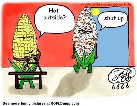 Too hot outside #popcorn #funny #corn #hot #lol | It's HOT down ... Hot Corn, Spanish Jokes, Funny Cartoon Pictures, Hot Outside, Friday Humor, 웃긴 사진, Jokes For Kids, Cartoon Jokes, Cartoon Pics