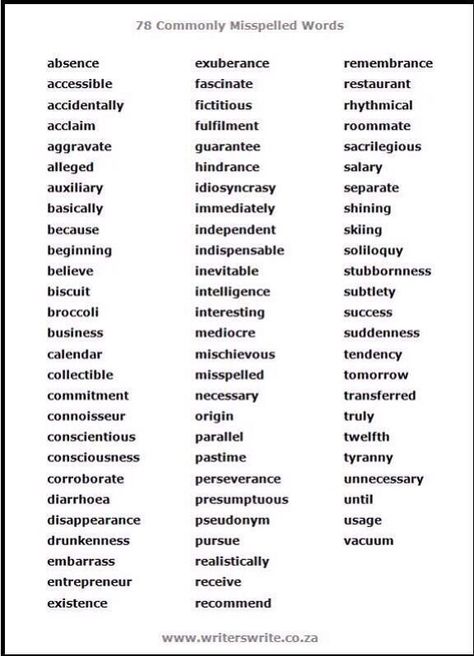 How to spell the 78 most commonly misspelled words Spelling Bee Words, Commonly Misspelled Words, Commonly Confused Words, Spelling Words List, Misspelled Words, 1000 Life Hacks, Spelling Bee, Writers Write, Spelling Words