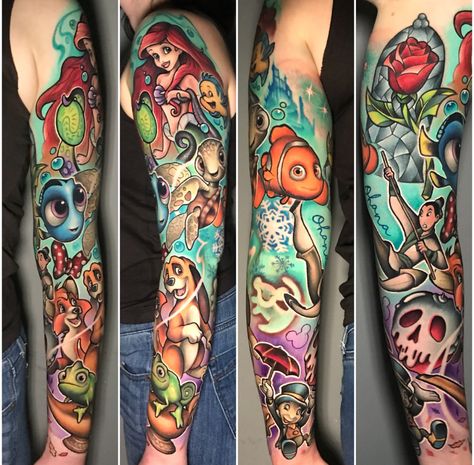 Background for leg Disney Leg Sleeve Tattoo Women, Themed Leg Sleeve Tattoo, Disney Back Tattoos For Women, Disney Sleeves For Women Tattoo, Cartoon Leg Sleeve Tattoo, Disney Arm Sleeve, Disney Leg Sleeve, Disney Arm Sleeve Tattoos For Women, Disney Tattoos Sleeve