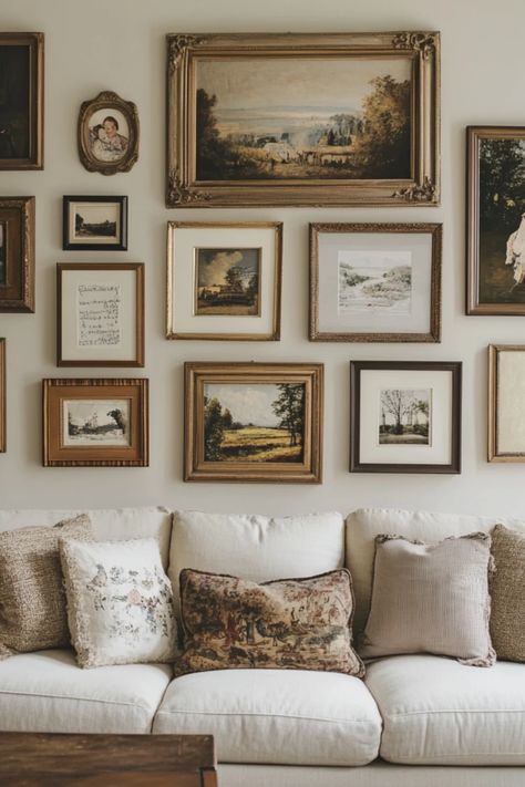 A stunning multi-framed gallery wall filled with artistic pieces showcases budget-friendly design ideas for home decor. Perfect for personalizing your space. Sentimental Wall Decor, Photo Wall Collage Bedroom Framed, Photo Wall Different Frames, Good Frame Gallery Wall, Eclectic Wall Decor Ideas, Thrifted Gallery Wall Ideas, Vintage Gallery Wall Ideas Living Room, Rustic Gallery Wall Ideas, Boho Photo Wall Ideas