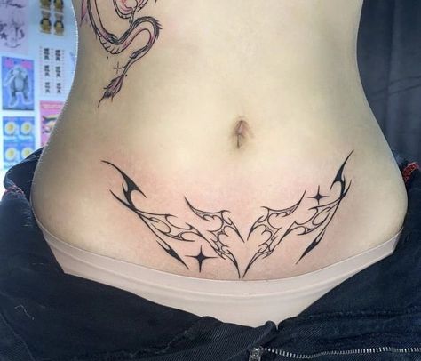 Womb Tattoo Aesthetic, Succubus Tattoo Womb, Tattoos Waist, V Line Tattoos, Womb Tattoo, Succubus Tattoo, Tato Naruto, Abdomen Tattoo, Waist Tattoos