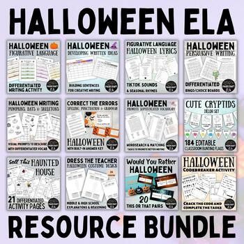 This Halloween ELA bundle for middle and high school will continue to grow every year.Includes:Halloween Activity | Codebreaker TasksHalloween Writing | Developing Ideas | Sentence BuildingEditable Halloween Writing | Figurative LanguageExplore Figurative Language | Literary Devices | Halloween Song... Halloween Lyrics, Poetry Activity, Activities For Reading, Halloween Poems, October Activities, Halloween Writing, Poetry Activities, Halloween Songs, Blackout Poetry