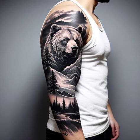 Bear Tattoos For Men Arm, Bear Tattoos For Men, Grizzly Bear Tattoos, Black Bear Tattoo, Cute Tattoo Ideas, Wildlife Tattoo, Viking Tattoo Symbol, Bear Tattoo Designs, Hunting Tattoos