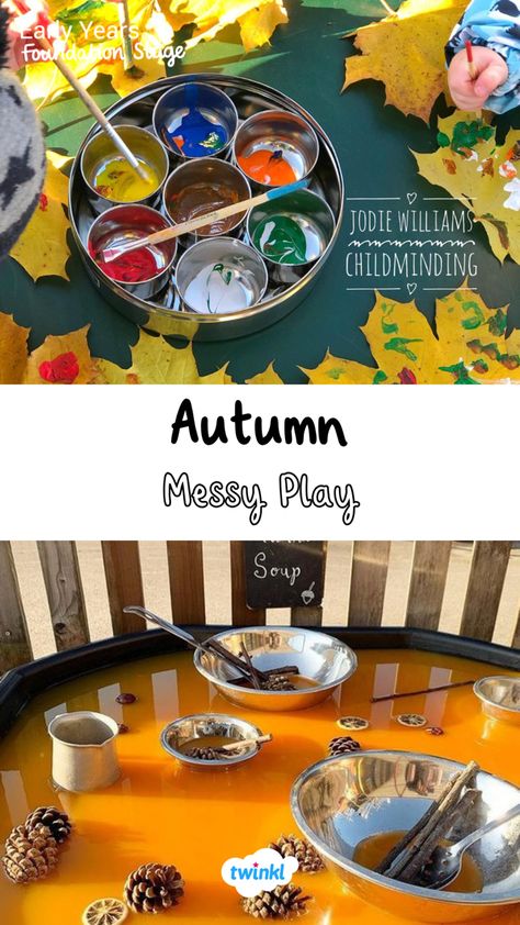 Autumn Water Play Ideas, Cornflour Activities Eyfs, Curiosity Approach Autumn Activities, Autumn Creative Activities Eyfs, Autumn Messy Play For Toddlers, All About Me Messy Play, Autumn Early Years, Autumn Messy Play Ideas, Autumn Messy Play