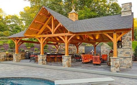 Barbacoa Jardin, Outdoor Pavillion, Pavilion Plans, Living Pool, Pool House Designs, Outdoor Fireplace Designs, Pavilion Design, Outdoor Pavilion, Stamped Concrete Patio