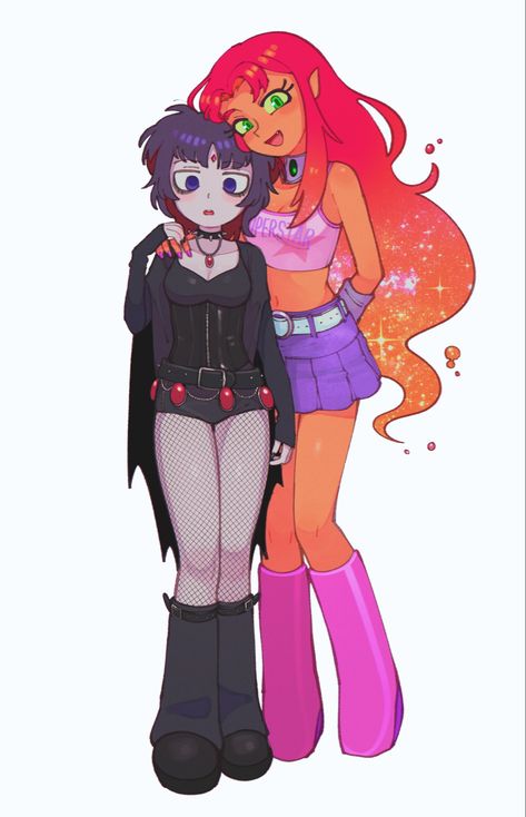 Of Fire And Stars Fanart, Star Fire Outfit Ideas, Star Fire X Raven Ship, Teen Titans Matching Pfp 4 People, Cartoon Characters From Shows, Raven X Star Fanart, Starfire And Raven Matching Outfits, Starfire X Raven Ship, Raven Fanart Teen Titans