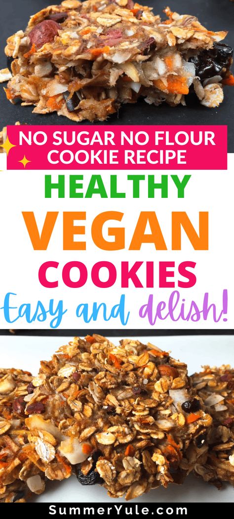 These no sugar no flour cookies are so healthy, you could eat them for breakfast! These banana-bound cookies have no oil, no flour, no butter, and no sugar added. They’re packed with fruits and vegetables, making them the perfect whole food plant based cookie option! You’ll love these healthy vegan cookies with delicious chocolate, hazelnut, and cherry flavors. They’re a great alternative to sugary cereals that will make breakfast feel like dessert! No Sugar Vegan Recipes, Healthy Cookies No Flour No Sugar, Flourless Sugarless Cookies, No Sugar No Flour Oatmeal Cookies, Plant Based Desserts No Sugar, No Flour No Sugar Cookies, No Sugar Cookies Healthy, No Sugar No Flour Cookies, Healthy Cookies No Sugar No Flour