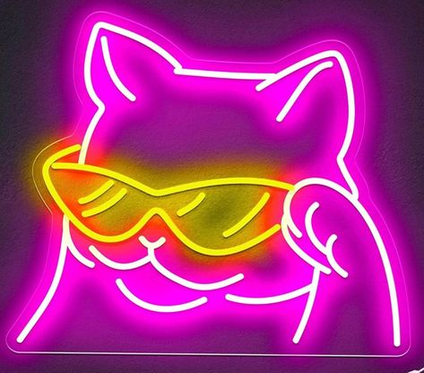 "Size: 14\" X 12\" inches  Cool Cat Radiance Fun Pink LED Night Light with Sunglasses for Wall Decoration! Bring a splash of feline charm to your space with the Cool Cat Radiance LED Night Light, a burst of vivid pink and playful vibes! Perfect for creating a trendy and lively atmosphere, this fun light adds a touch of cool cat magic to your walls. Cool Cat Illumination:    - Infuse your space with the playful spirit of a cool cat with sunglasses.    - The fun pink Cool Cat with Sunglasses desig Cat Neon Sign, Light For Room, Bilik Permainan, Cat With Glasses, Neon Lights Bedroom, Neon Cat, Cat Lead, Cat Light, Smiling Cat