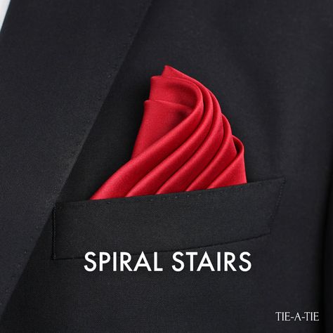 Spiral Stairs Pocket Square Fold | Tie-a-Tie.net Men Vogue, Cool Tie Knots, Man Vest, Pocket Square Guide, Pocket Square Folds, Pocket Square Styles, Pocket Square Pattern, Neck Tie Knots, Spiral Stairs