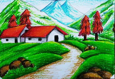 https://youtu.be/xeyLaMTMYhA Nature House Drawing, Beautiful Nature Drawings Easy, Mountain House Drawing, Nature Drawing Colourful, Mountain Scenery Drawing, Project Ideas For School, Nature Scenery Drawing, Hill Drawing, Nature Drawing For Kids