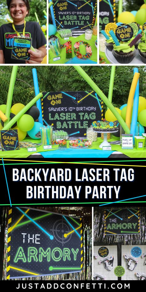 Laser Birthday Party Ideas, Laser Themed Party, Laser Party Ideas, Neon Laser Tag Party, Laser Tag Games, Lasertag Party Ideas, Laser Tag Party Food, Laser Tag Birthday Party Decorations, Backyard Laser Tag Party