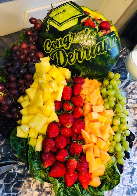 Graduation Watermelon Carving Ideas, Graduation Fruit Display, Graduation Fruit Tray Ideas, Graduation Watermelon, Fruit Tray Displays, Grad Party Food Ideas, Fruit Tower, Grad Party Food, Carving Fruit