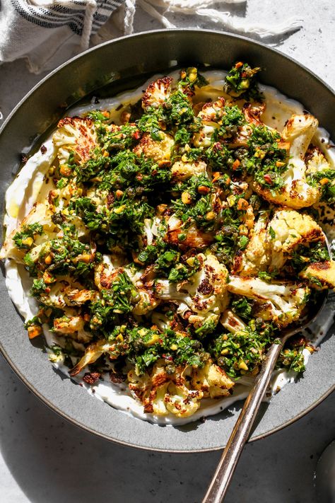 Roasted Cauliflower with Fried Caper Gremolata - Dishing Out Health Grilled Cauliflower Steaks, Italian Salsa, Gremolata Recipe, Steak With Chimichurri, Steak With Chimichurri Sauce, Cauliflower Steak, Parmesan Roasted Cauliflower, Vegetarian Thanksgiving Recipes, Grilled Cauliflower