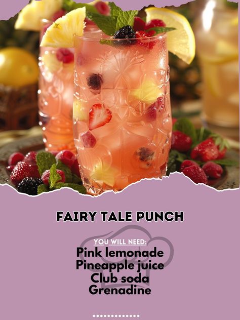 🧚‍♂️ Experience the magic of Fairy Tale Punch! 🧚‍♂️🍹 #FairyTalePunch #EnchantedDrinks Fairy Tale Punch Ingredients: Pink lemonade (2 cups) Pineapple juice (1 cup) Club soda (1 cup) Grenadine (1/2 oz) Fresh berries (for garnish) Mint leaves (for garnish) Instructions: Mix pink lemonade, pineapple juice, and club soda. Add a splash of grenadine. Serve over ice. Garnish with fresh berries and mint leaves. Live your fairy tale! 🧚‍♂️🍹✨ #EnchantedSips #RecipeInspire Fairy Punch, Cocktail Party Food, Enchanted Fairy, Yummy Alcoholic Drinks, Summertime Drinks, Club Soda, Party Recipes, Fresh Berries, Pink Lemonade