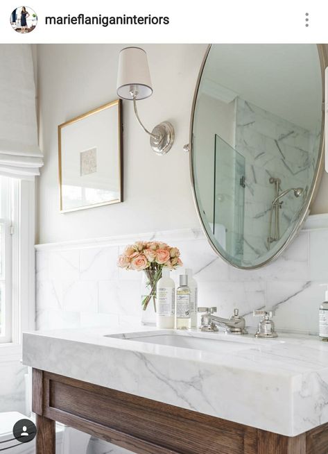 Tile halfway up the wall Stunning Bathrooms, Home Luxury, Furniture Office, Farmhouse Bathroom Decor, Marble Bathroom, Bathroom Renos, Counter Tops, Farmhouse Bathroom, Beautiful Bathrooms