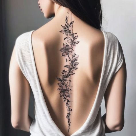 "Delicate Crescent and Blooming Beauty" Description: This spine tattoo merges a crescent moon with delicate flowers and vines. Like, share, and follow for more stunning feminine designs! #SpineTattoo #DelicateInk #FeminineBeauty #CrescentMoon #FloralArt Spine Vine Tattoo, Vine Spine Tattoo, Vine Tattoos, Spine Tattoo, Modern Tattoos, Spine Tattoos, Feminine Beauty, Feminine Design, Delicate Flower