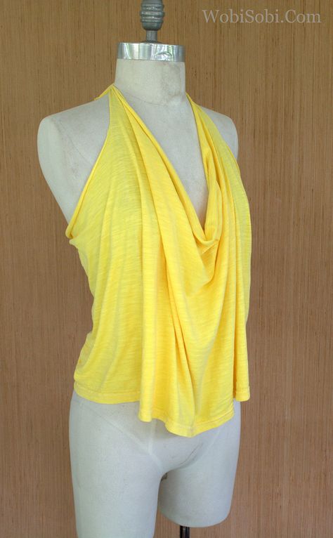 WobiSobi: No Sew, Yellow Halter: DIY T Shirt Revamp, Diy Halter Dress, Shirt Dress Diy, Diy Halter Top, Diy Halter, Diy Clothes Tutorial, Umgestaltete Shirts, Cut Shirt Designs, T Shirt Upcycle