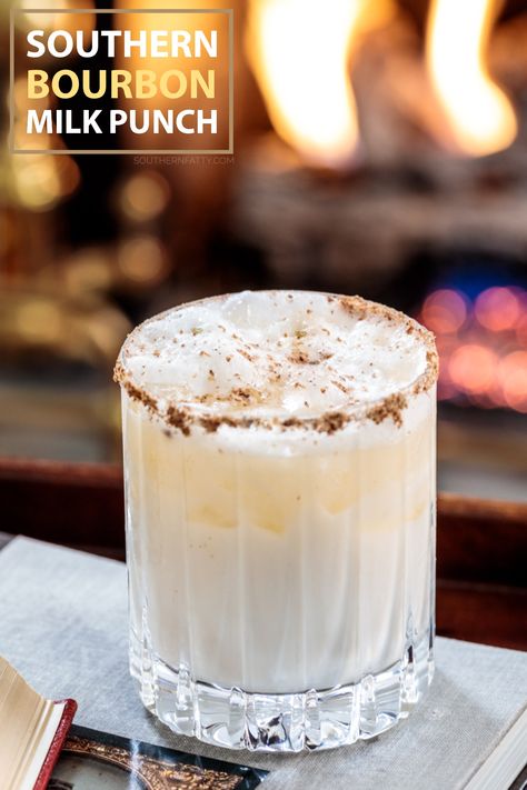 BACK in season! Southern Bourbon Milk Punch | Southern FATTY Whiskey Milk Punch, Bourbon Milk Punch New Orleans, Bourbon Cream Drinks, Jameson Drinks, Bourbon Milk Punch, Milk Punch Recipe, Manly Cocktails, Bourbon Honey, Southern Cocktail