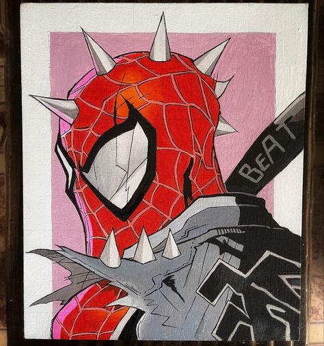 Spiderpunk Painting, Spider Punk Drawing, Spiderman Doodle, Punk Spiderman, Spiderman Sketch, Punk Drawing, Spiderman Painting, Comics Drawing, Hobie Brown