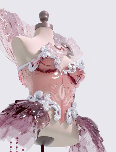 Mermaid Aesthetic Fashion, Pink Futuristic Outfit, Eco Futurism Fashion, Pink Cybercore Outfits, Cybercore Dress, Sci Fi Aesthetic Fashion, Pink Fantasy Aesthetic, Cute Pink Outfits Aesthetic, Oc Accessories Ideas