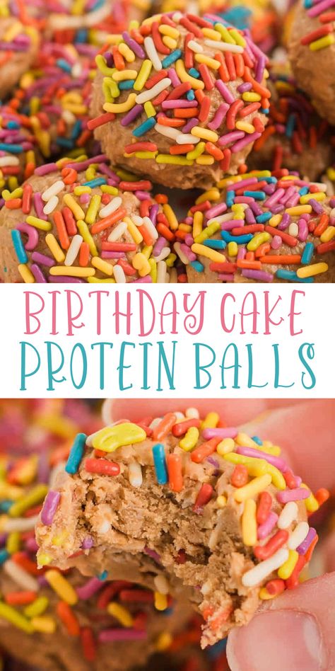 Craving dessert but still need to get your protein in? These cake batter protein balls are made with easy ingredients and rolled in sprinkles for an irresistible snack that tastes incredible! Cake Batter Protein Balls, Birthday Cake Protein Balls, Cake Protein Balls, Macros Recipes, Birthday Cake Protein, Energy Bite, Cake Batter Protein, Protein Balls Recipes, Protein Baking