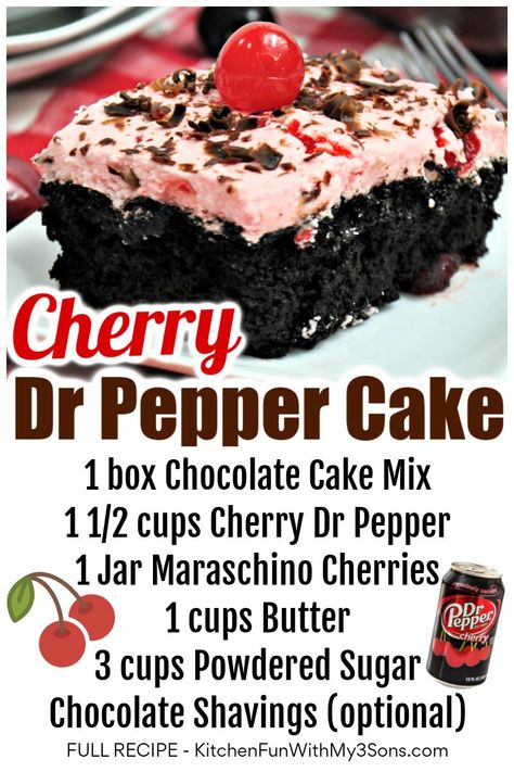 Cherry Dr Pepper Cake, Cherry Dr Pepper, Dr Pepper Cake, Cake Mix And Soda, Recipes Using Cake Mix, Soda Cake, Cherry Desserts, Cherry Pie Filling, Chocolate Cake Mixes