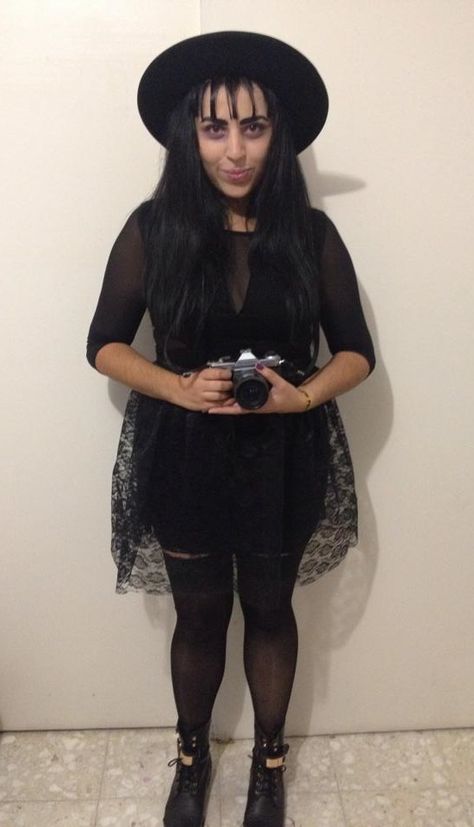 Halloween costume 2014, las minute costume, Lydia Deetz - Beetlejuice.  Black hat, black dress, black combat boots and a camera. Lydia Deetz Costume Black, Lydia Deets, Lydia Deetz Costume, Halloween Costumes 2014, Lydia Deetz, Black Combat Boots, Fall Holidays, Black Hat, Beetlejuice